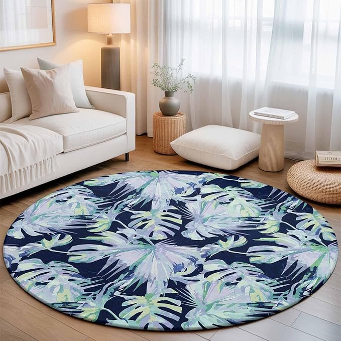 Washable Round Area Rug Watercolor Blue Teal Palm Leaves Circle Rugs Floor Carpet for Living Room Bedroom, Abstract Botanical Soft Non Slip Round Rug 3ft