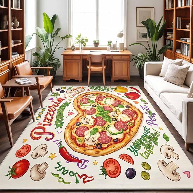 Area Rug 9x12ft, Cartoon Pizza Watercolor Graffiti Washable Rugs for Living Room Bedroom Rectangle Floor Carpet, Farmhouse Vegetable Leaves Soft Non-Slip Area Rugs for Dining Room