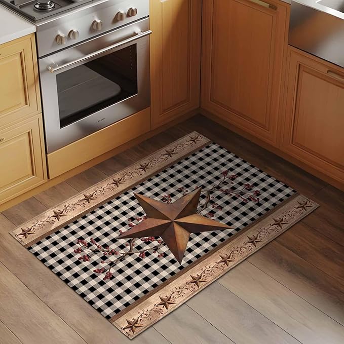 Brown Texas Star Retro 2x3 Door Mat Rug, Country Star Non-Skid Rubber Backing Large Rectangle Rugs - Living Room Bedroom Home Office, Black White Plaid Wooden Indoor Floor Mat Carpets Washable Rug