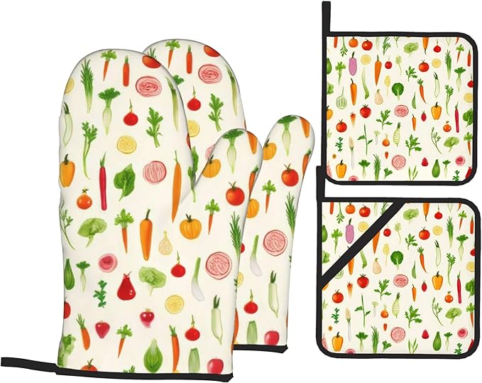Oven Mitts and Hot Pads Set - Vegetables Pattern Funny Design, Heat Resistant Cute Pot Holders for Kitchen, Baking Gifts for Women