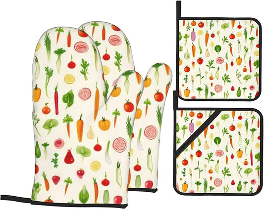 Oven Mitts and Hot Pads Set - Vegetables Pattern Funny Design, Heat Resistant Cute Pot Holders for Kitchen, Baking Gifts for Women