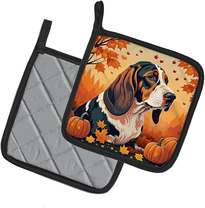 Caroline's Treasures DAC1013PTHD Basset Hound Fall Pair of Pot Holders Kitchen Heat Resistant Pot Holders Sets Oven Hot Pads for Cooking Baking BBQ, 7 1/2 x 7 1/2