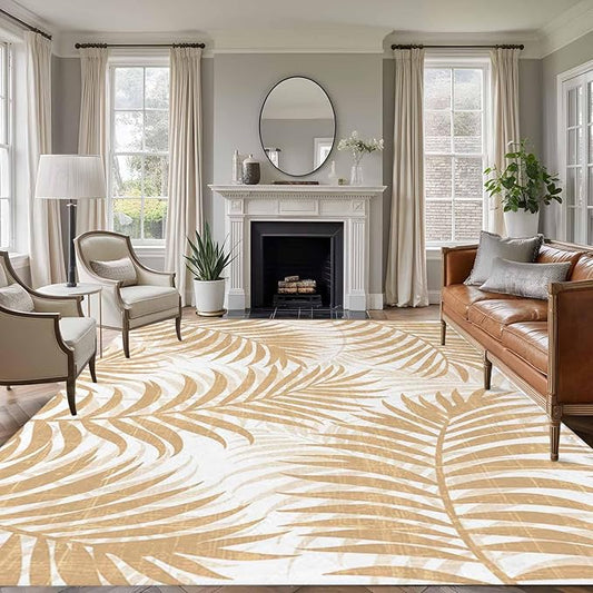 Area Rug 8x10ft, Summer Boho Palms Leaves Washable Rugs for Living Room Bedroom, Vintage Tropical Plants Soft Non-Slip Area Rugs Rectangle Floor Carpet for Dining Room