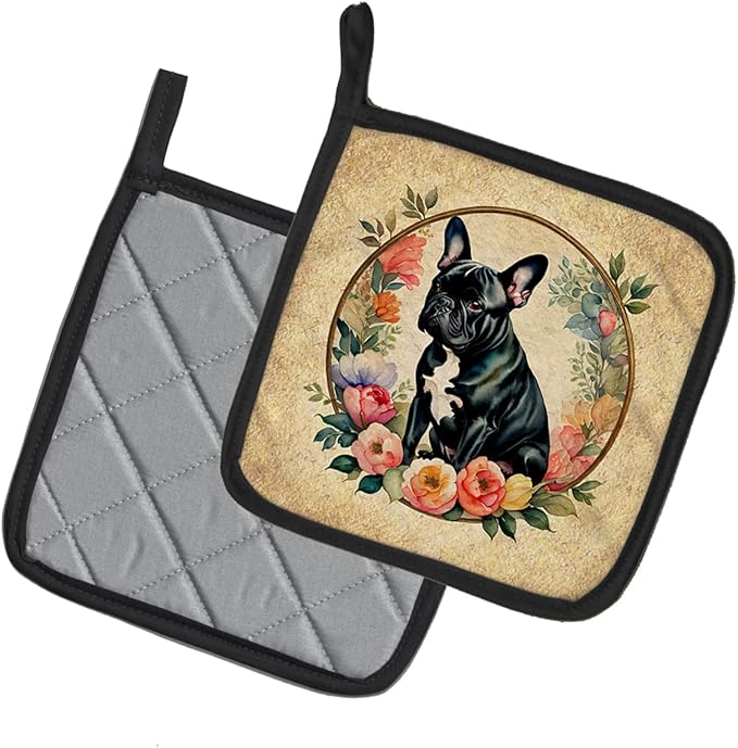 Caroline's Treasures Black French Bulldog and Flowers Pair of Pot Holders Kitchen Heat Resistant Pot Holders Sets Oven Hot Pads for Cooking Baking BBQ, 7 1/2 x 7 1/2
