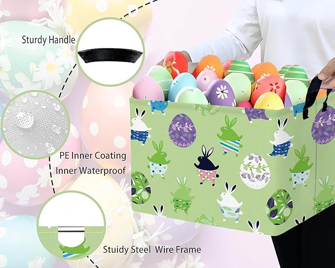 Large Rectangular Easter Baskets Empty Waterproof Boy Toy Box Foldable Kid's Gifts Storage Bin Spring Room Decor(Green Dancing Rabbit Egg)