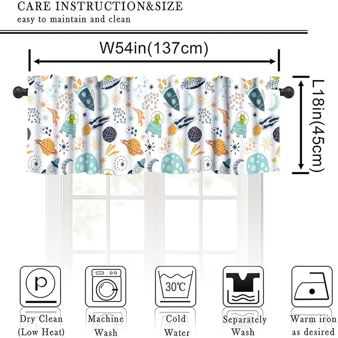 Kids Space Alien Valance, Cute Fun Cartoon Universe Planet Stars Rocket Short Rod Pocket Window Treatment for Kitchen Bedroom Nursery Classroom Decor, 54x18Inch