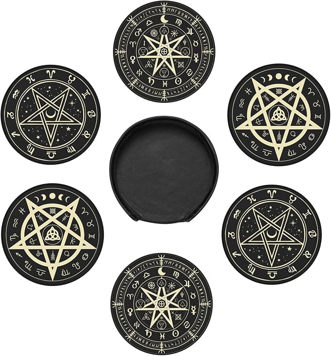 Celtic Wiccan Magic Pentagrams Leather Drinks Coasters with Holder, Set of 6, Suitable for Various Cups