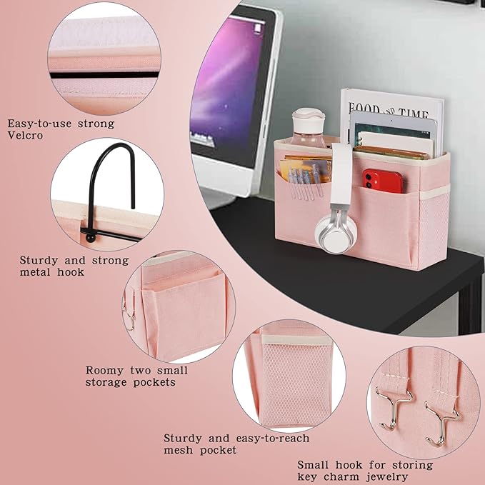 Bedside Caddy Bedside Storage Organizer Hanging Bunk Bed Dorm Room with Side Pockets for Water Bottles, Books, Cell Phones, Headphones 2 Pack (Pink)