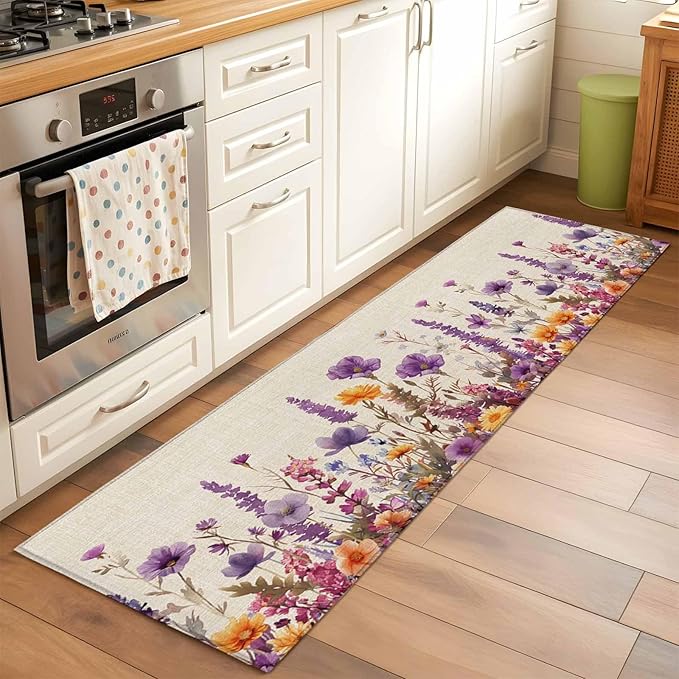 Runner Rug for Bedroom Hallway, Country Flower Purple Lavender Plant Kitchen Runner Rugs Area Rug 2x6ft, Retro Linen Washable Soft Floor Carpet for Entryway Stair