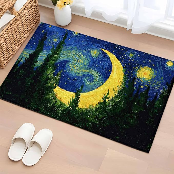Area Rug 2x3ft, Giant Moon Forest Expressionist Art Washable Rugs for Living Room Bedroom, Dreamy Night Navy Blue Soft Non-Slip Area Rugs Rectangle Floor Carpet for Dining Room
