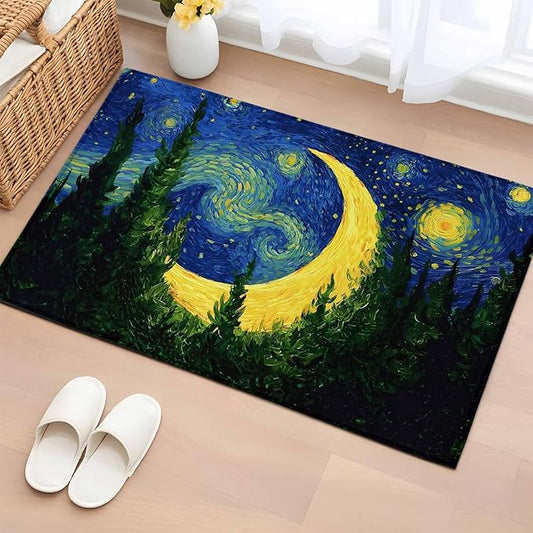Area Rug 2x3ft, Giant Moon Forest Expressionist Art Washable Rugs for Living Room Bedroom, Dreamy Night Navy Blue Soft Non-Slip Area Rugs Rectangle Floor Carpet for Dining Room
