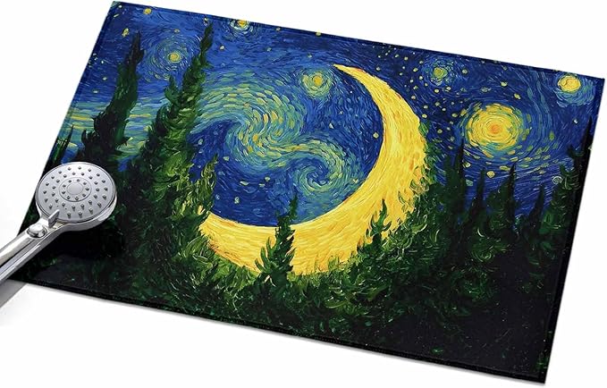 Area Rug 2x3ft, Giant Moon Forest Expressionist Art Washable Rugs for Living Room Bedroom, Dreamy Night Navy Blue Soft Non-Slip Area Rugs Rectangle Floor Carpet for Dining Room