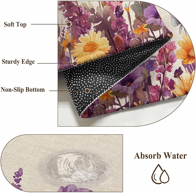 Washable Round Area Rug Country Flower Purple Lavender Plant Circle Rugs Floor Carpet for Living Room Bedroom, Retro Linen Soft Non Slip Round Rug 5ft