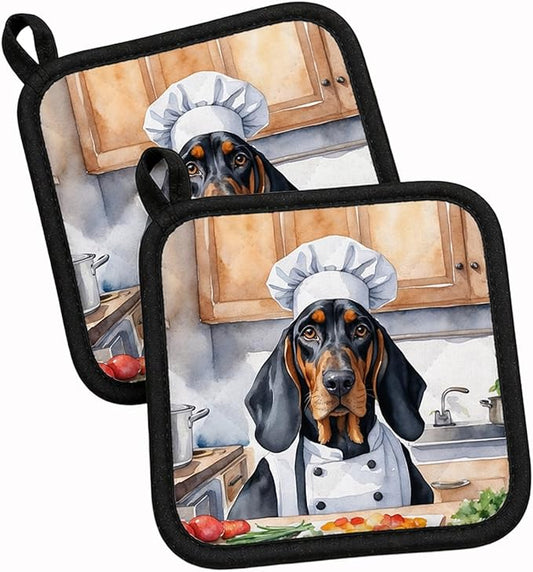 Caroline's Treasures Black and Tan Coonhound The Chef Pair of Pot Holders Kitchen Heat Resistant Pot Holders Sets Oven Hot Pads for Cooking Baking BBQ, 7 1/2 x 7 1/2