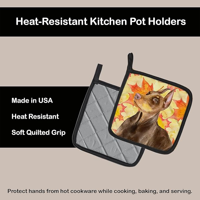 Caroline's Treasures BB9970PTHD Doberman Pinscher Fall Pair of Pot Holders, Yellow Kitchen Heat Resistant Pot Holders Sets Oven Hot Pads for Cooking Baking BBQ, 7 1/2 x 7 1/2