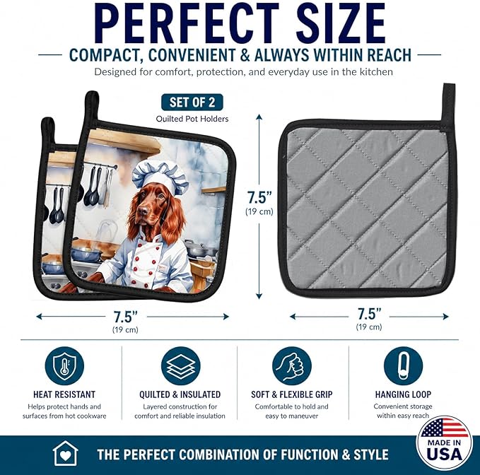 Caroline's Treasures Irish Setter The Chef Pair of Pot Holders Kitchen Heat Resistant Pot Holders Sets Oven Hot Pads for Cooking Baking BBQ, 7 1/2 x 7 1/2