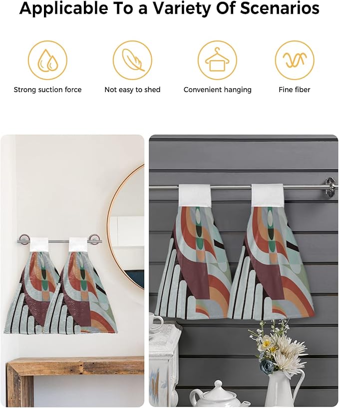 Alandar Home Kitchen Tie Towel Set of 2, Middle Century Geometric Art Absorbent Soft Hand Towels for Bathroom Hanging Towels, Abstract Minimalist Arch Fast Drying Cleaning Cloth with Loop