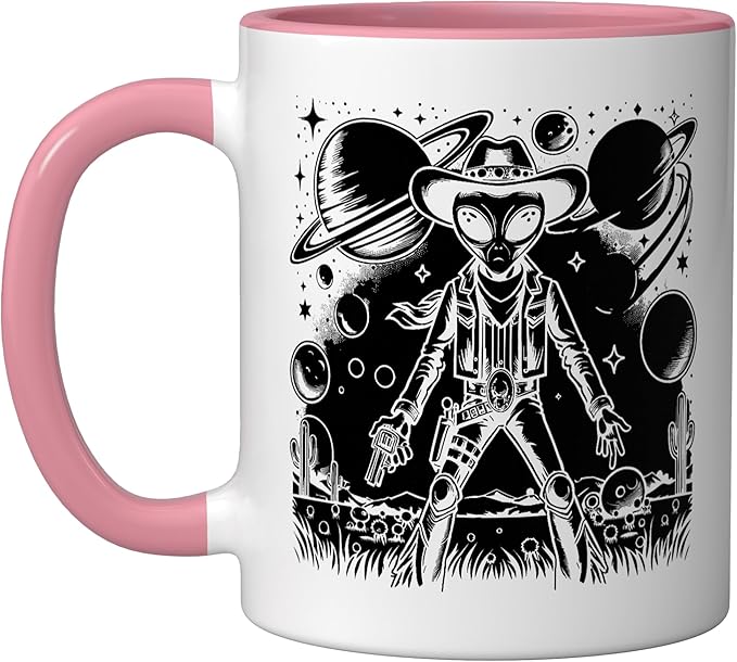 Alien Lover Flying Saucer UFO Extraterrestrial Cowboy Ceramic Mug, Pink/White