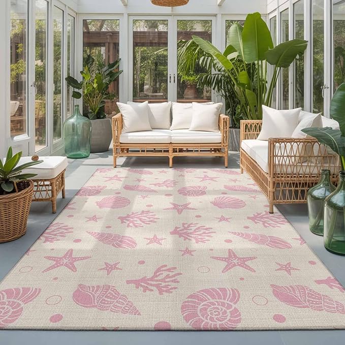Area Rug 3x5ft, Ocean Pink Shell Coral Conch Washable Rugs for Living Room Bedroom, Marine Starfish on Farm Burlap Soft Non-Slip Area Rugs Rectangle Floor Carpet for Dining Room
