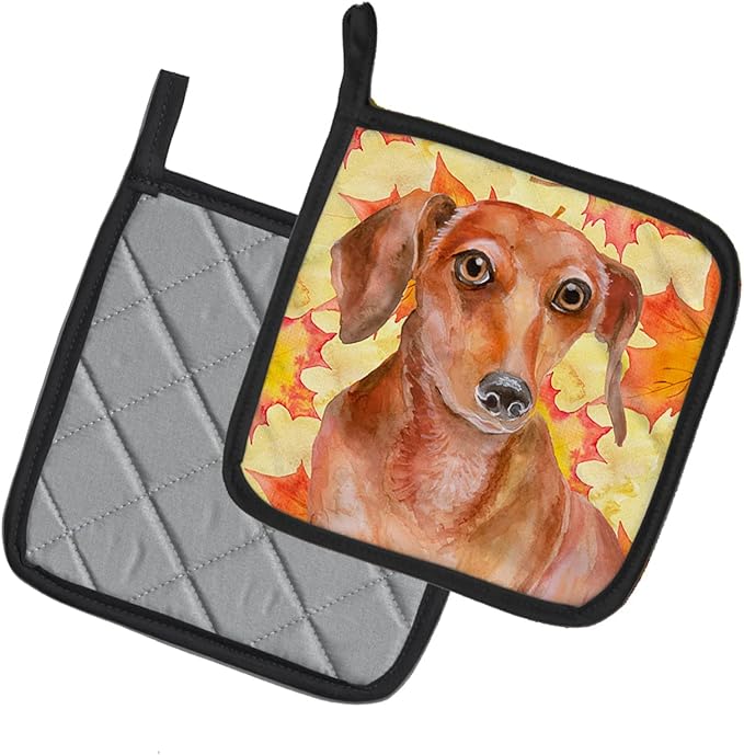 Caroline's Treasures BB9968PTHD Red Dachshund Fall Pair of Pot Holders, Yellow Kitchen Heat Resistant Pot Holders Sets Oven Hot Pads for Cooking Baking BBQ, 7 1/2 x 7 1/2