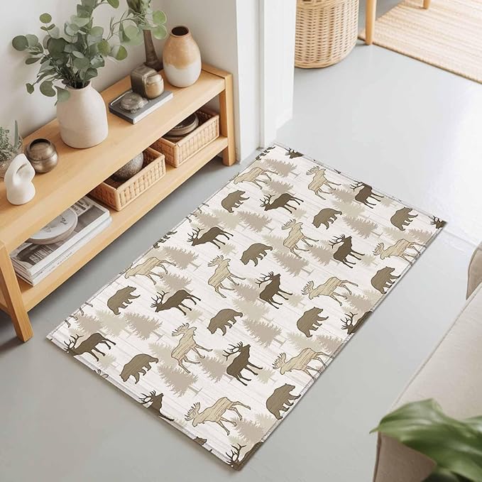 Area Rug 2x3ft, Animal Moose Bears Washable Rugs for Living Room Bedroom, Retro Rustic Pine Trees Soft Non-Slip Area Rugs Rectangle Floor Carpet for Dining Room