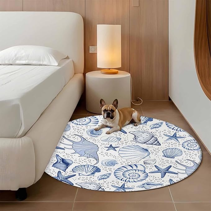 Washable Round Area Rug Navy Blue Starfish Conch Shell Seamless Circle Rugs Floor Carpet for Living Room Bedroom, Summer Ocean Bubbles Soft Non Slip Round Rug 5ft