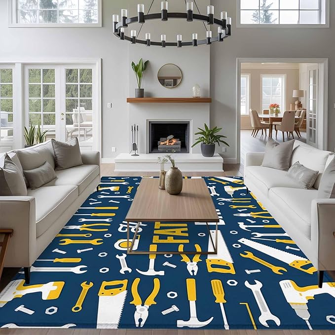 Father's Day Rectangle Rug 5x8 ft Hand Tools Workshop Equipment Soft Area Rug for Living Room Washable Non-Slip Carpet Indoor Mat for Bedroom Dining Room Holiday Decor