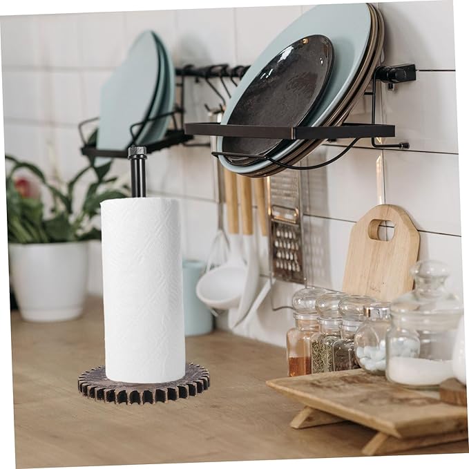 Rustic Industrial Pipe Paper Towel Holder Freestanding Black Metal Towel Stand for Kitchen Bathroom Vintage Design and Plastic Wrap Storage