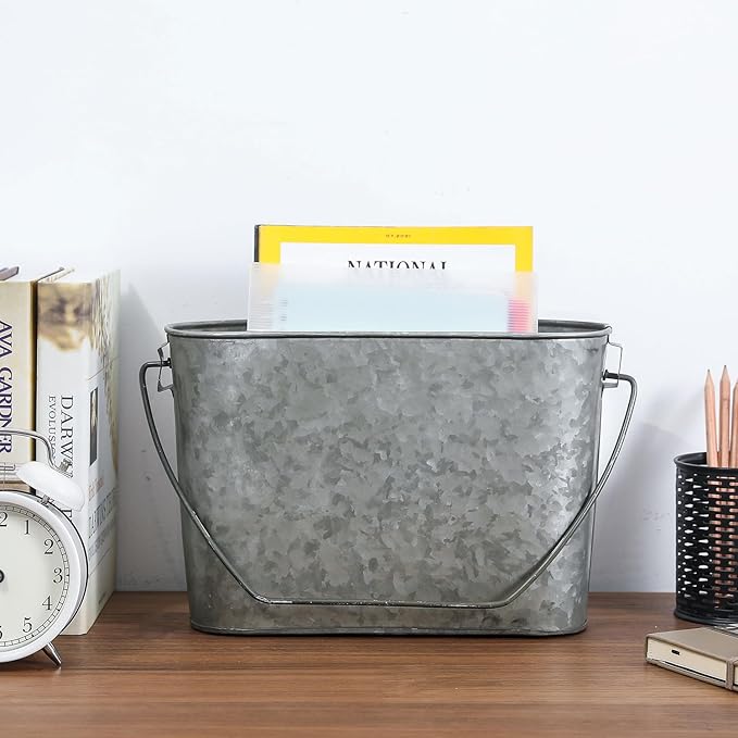 MyGift Rustic Wall Mounted Galvanized Metal Bathroom Magazine Rack, Farmhouse Bucket Style Tin Hanging Storage Bin - Handcrafted In India