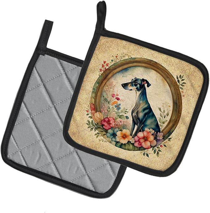 Caroline's Treasures Greyhound and Flowers Pair of Pot Holders Kitchen Heat Resistant Pot Holders Sets Oven Hot Pads for Cooking Baking BBQ, 7 1/2 x 7 1/2