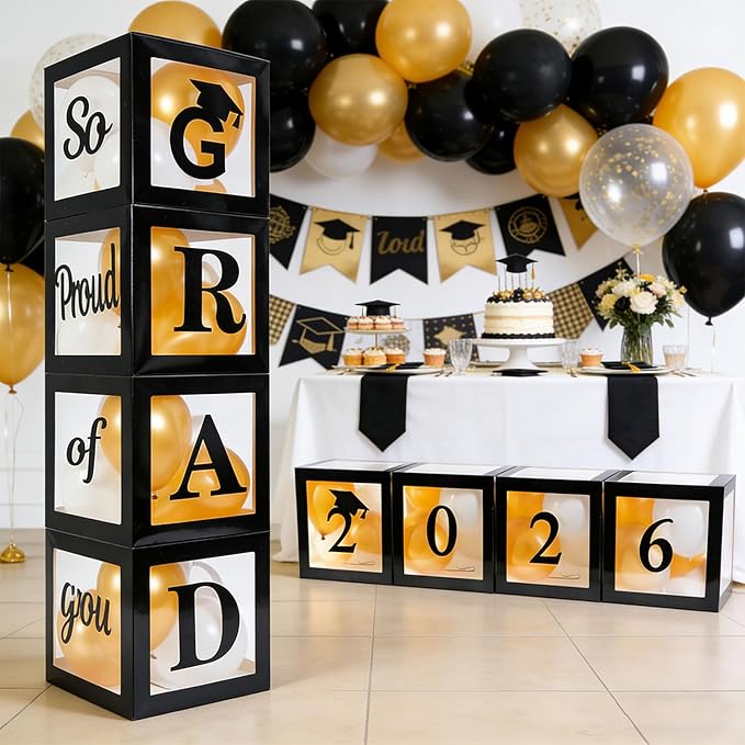 Graduation Decorations 2026 Set of 4 Boxes with 20pcs Balloons and Letters 2026 GRAD So Proud of You - Class of 2026 Party Supplies for High School & College Celebrations