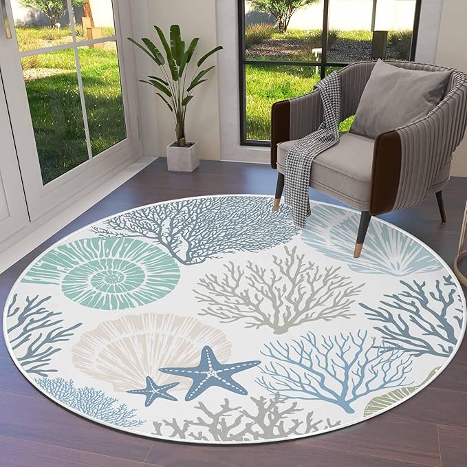 Round Area Rug,Blue Ocean Shells Coral Circle Living Room Rug Non-Slip Rugs Indoor Carpet,Conch Starfish Marine Life Soft Comfort Rugs for Bedroom Kids Room