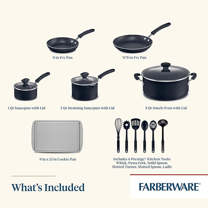 Farberware Cookstart DiamondMax Nonstick Cookware/Pots and Pans Set with Glass Lids, Dishwasher Safe, Includes Baking Pan and Kitchen Cooking Tools, 15 Piece - Black