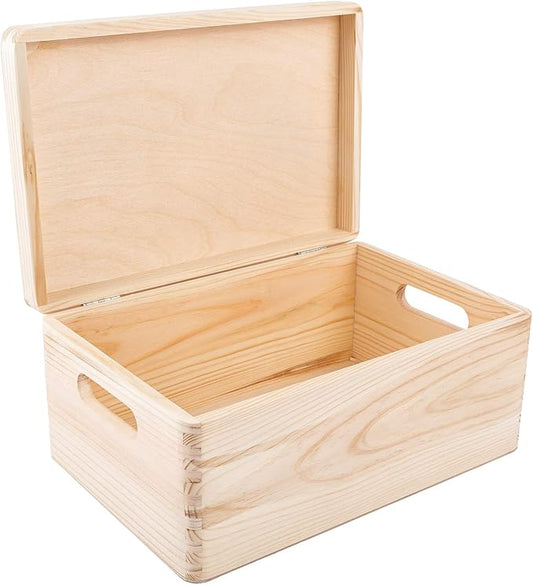 Creative Deco Large Wooden Storage Box with Hinged Lid | 11.8 x 7.87 x 5.51 in (+-0.5) | Keepsake Unfinished Plain Unpainted Gift Box with Handles for Tool Toy Kitchen | ROUGH & UNSANDED Wood Trunk