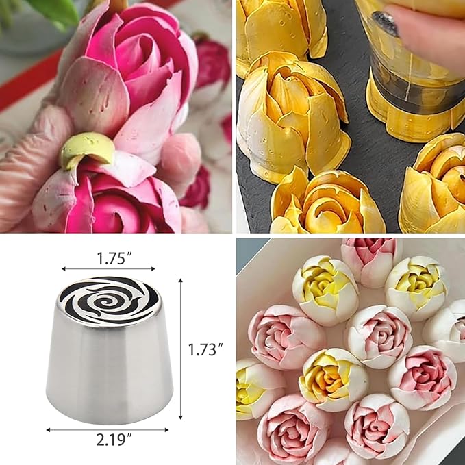 Extra Large Russian Piping Tip Set - 6 Stainless Steel Marshmallow Buttercream Framing Nozzles for 3D Roses Tulip Cake Decorations and Marshmallow Bouquets, Includes 1 Cleaning Brush(6B)