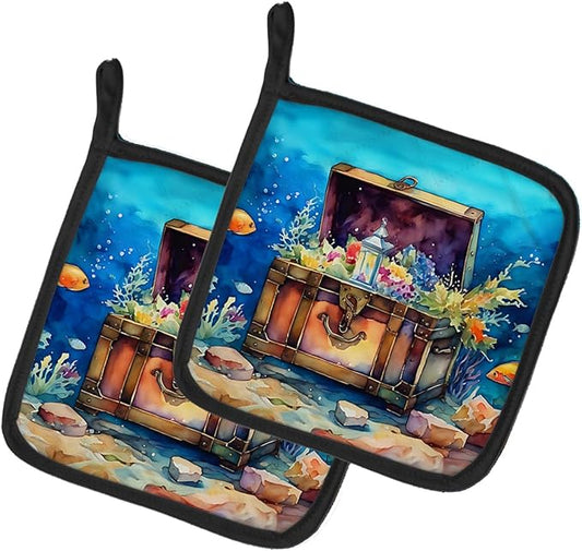 Caroline's Treasures Treasure Chest Pair of Pot Holders Kitchen Heat Resistant Pot Holders Sets Oven Hot Pads for Cooking Baking BBQ, 7 1/2 x 7 1/2