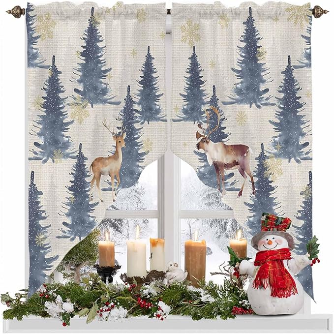 Christmas Deer Swag Valance Curains Elk in Forest Blue Trees Snowflake Linen Sole Rod Pocket Kitchen Curtains Scalloped Window Treatment Valances Swag for Living Room Bedroom, 1 Pair, 36"W x 45"L