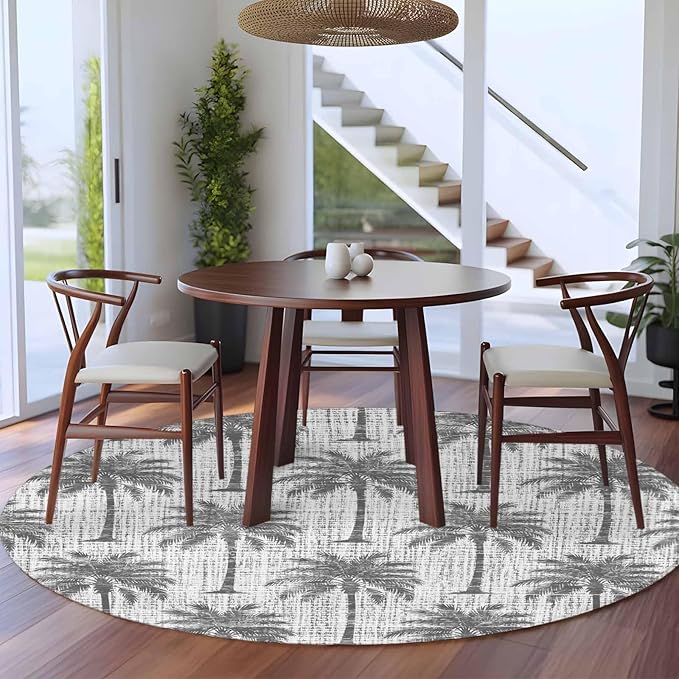 Washable Round Area Rug Summer Palm Tree Retro Linen Circle Rugs Floor Carpet for Living Room Bedroom, Tropical Gray Botanical Soft Non Slip Round Rug 5ft