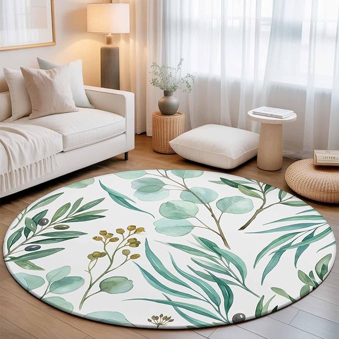 Washable Round Area Rug Watercolor Eucalyptus Leaves Circle Rugs Floor Carpet for Living Room Bedroom, Spring Green Foliage Branch Soft Non Slip Round Rug 5ft