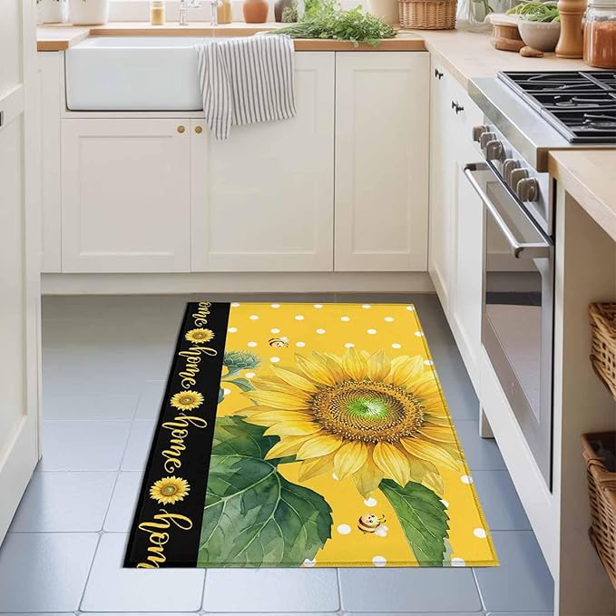Area Rug 2x3ft, Summer Watercolor Sunflowers Bees Washable Rugs for Living Room Bedroom, Farmhouse Floral Art Soft Non-Slip Area Rugs Rectangle Floor Carpet for Dining Room