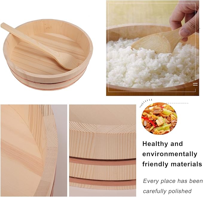 Sushi Rice Bowl with Spoon Wooden Hangiri Sushi Oke Rice Mixing Bucket for Knead The Dough Place Cooked Dishes and Mixed Sushi Rice Family Restaurant Kitchens Best Choice 42cm (27cm)