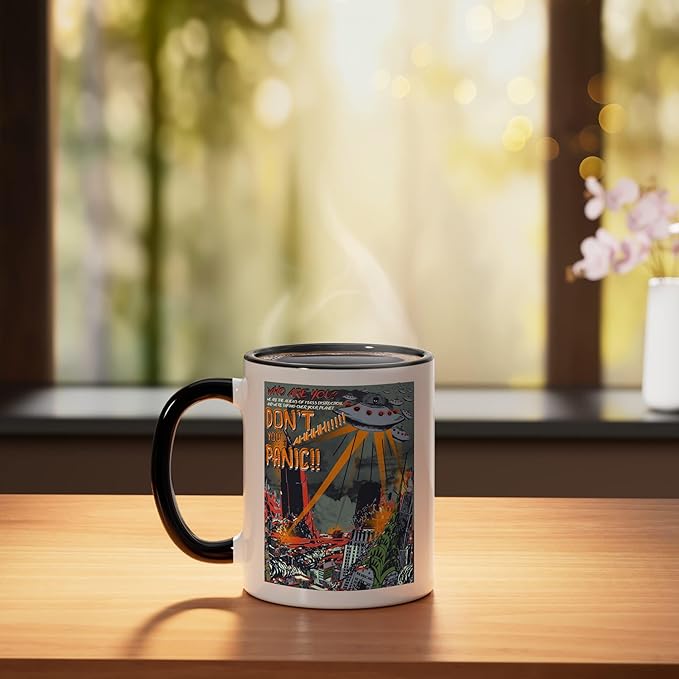 UFO Flying Saucer Invasion 1950s Sience Fiction Abduction Ceramic Mug, Black/White