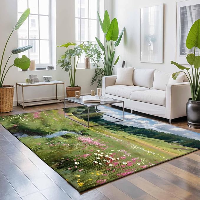 Area Rug 8x10ft, Watercolor Flowers Leaves Forest Meadow Washable Rugs for Living Room Bedroom, Oil Paint Texture Soft Non-Slip Area Rugs Rectangle Floor Carpet for Dining Room