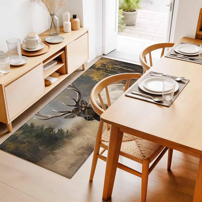 Runner Rug for Bedroom Hallway, Brown Animals Elk Kitchen Runner Rugs Area Rug 2x6ft, Retro Forest Landscape Washable Soft Floor Carpet for Entryway Stair