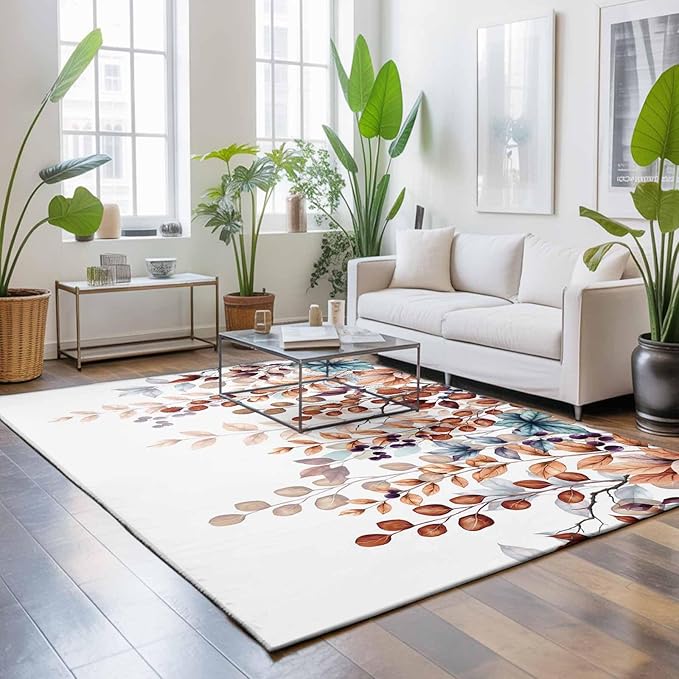 Area Rug 8x10ft, Fall Orange Watercolor Eucalyptus Leaves Washable Rugs for Living Room Bedroom, Fallen Leaf on White Soft Non-Slip Area Rugs Rectangle Floor Carpet for Dining Room