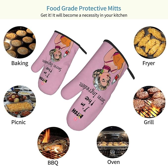 Oven Mitts of 2-Pack Set, Biich I Am The Secret Ingredient, Funny Kitchen Gloves Heat Resistant Non-Slip Kitchen Mitts Safe Cooking Baking Grilling
