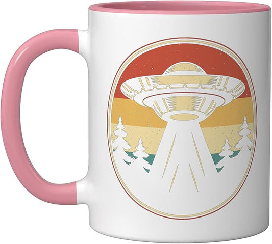 Ufo Alien Vintage Retro Ceramic Mug, Pink/White