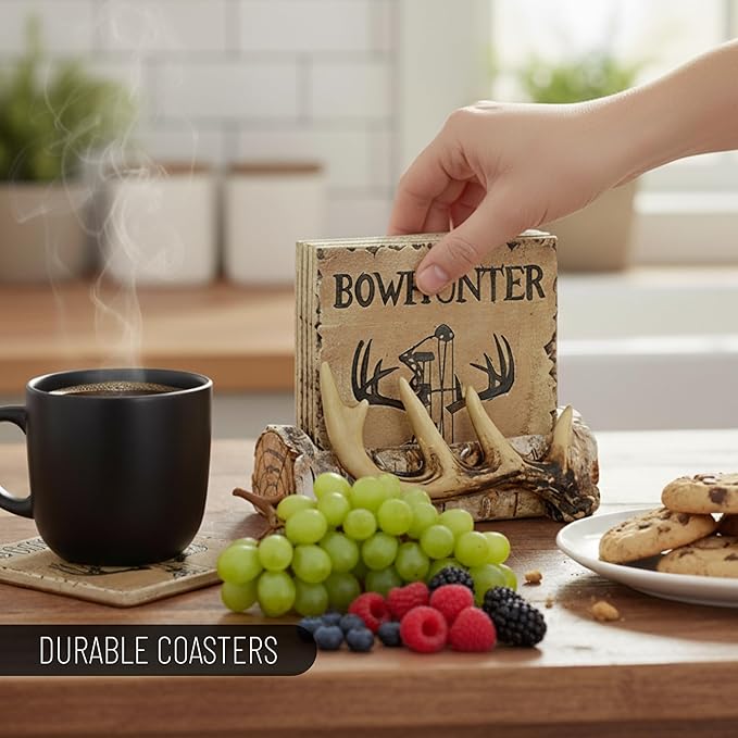 Pine Ridge Home Antler Wood Log Coaster Set with Holder - Bow Hunter Country Absorbent Coaster - Cabin Lodge Home Decor for Hunter Men - Man Cave Coasters Rustic Wood Decor Accent