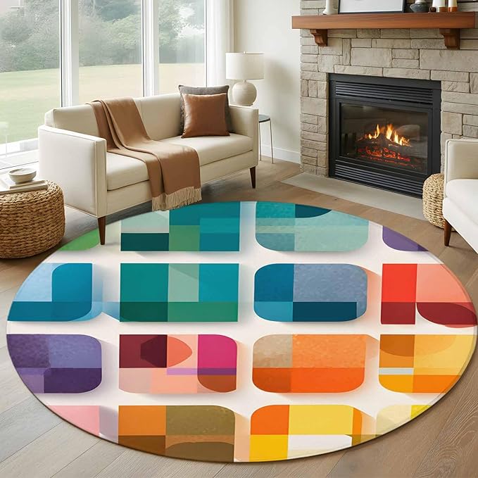 Washable Round Area Rug Modern Geometric Squares Circle Rugs Floor Carpet for Living Room Bedroom, Colorful Abstract Art Soft Non Slip Round Rug 5ft