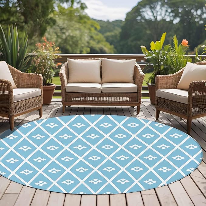 Washable Round Area Rug Boho Blue White Plaid Line Circle Rugs Floor Carpet for Living Room Bedroom, Abstract Geometric Diamond Soft Non Slip Round Rug 5ft
